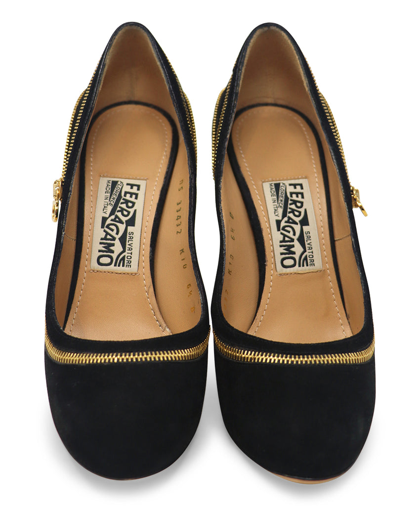 Ferragamo Black Suede & Gold Zipper Heels sz 6.5 - Michael's Consignment NYC