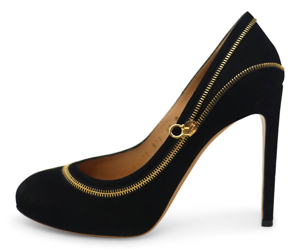 Ferragamo Black Suede & Gold Zipper Heels sz 6.5 - Michael's Consignment NYC