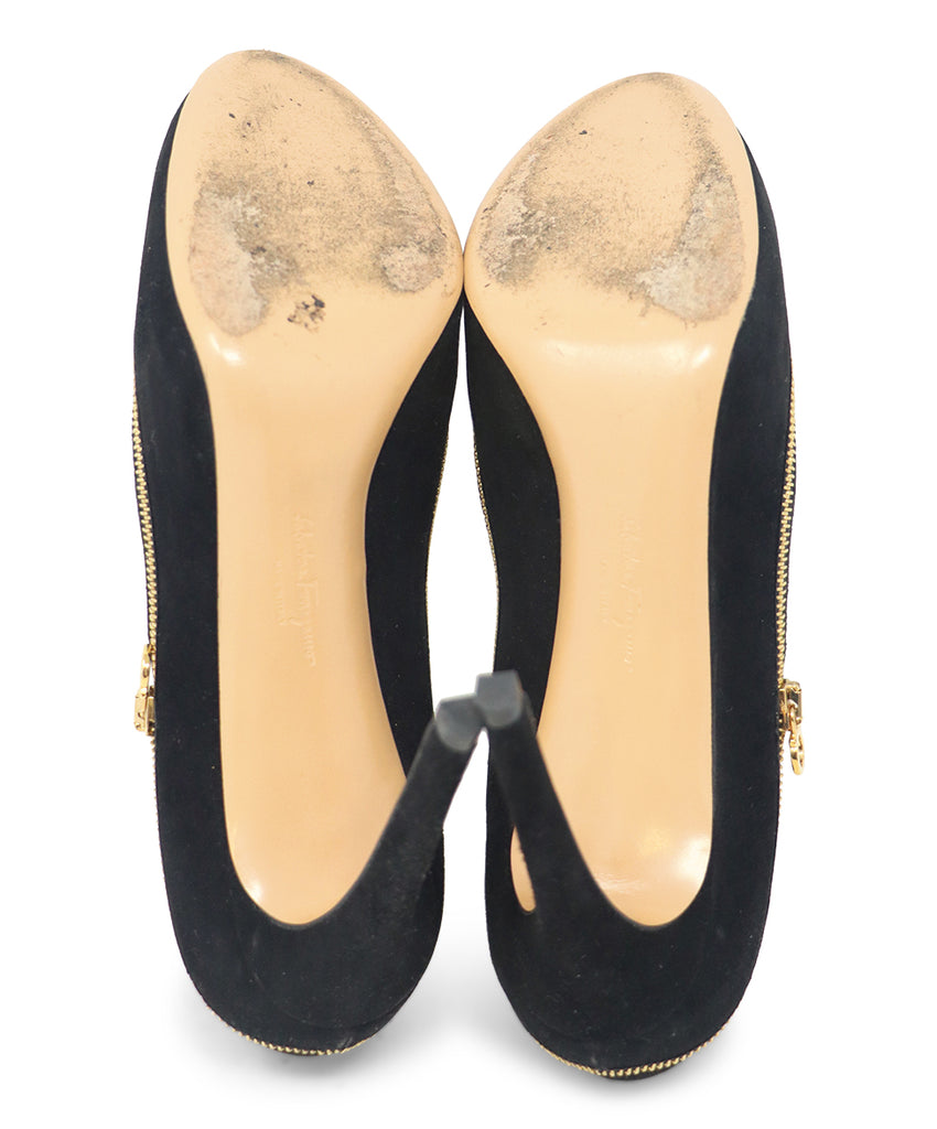 Ferragamo Black Suede & Gold Zipper Heels sz 6.5 - Michael's Consignment NYC