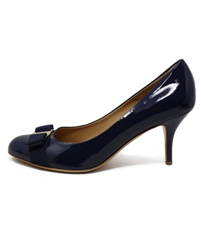 Ferragamo Navy Patent Leather Bow Heels sz 10.5 - Michael's Consignment NYC