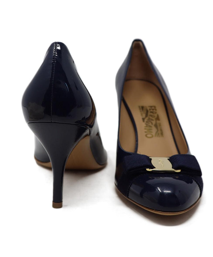 Ferragamo Navy Patent Leather Bow Heels sz 10.5 - Michael's Consignment NYC