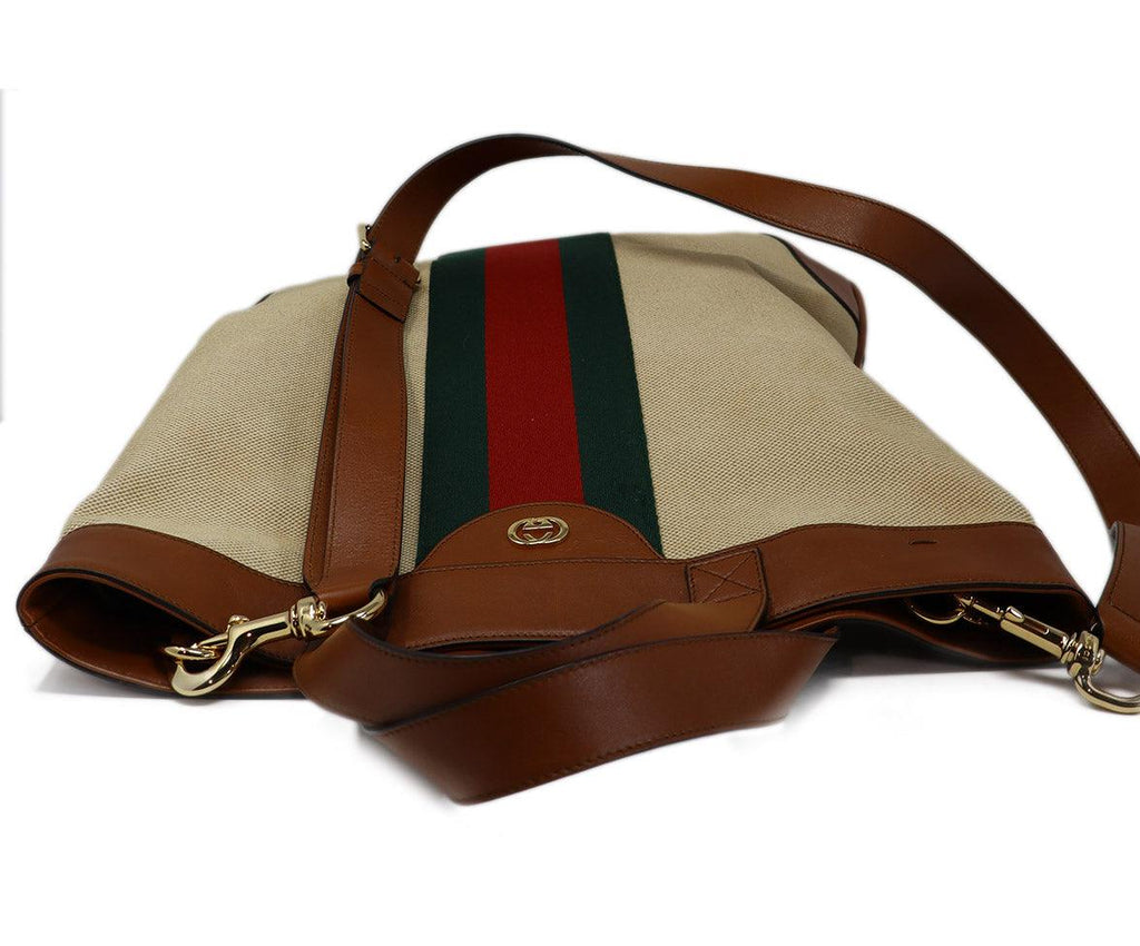 Gucci Neutral Striped Canvas & Leather Tote - Michael's Consignment NYC