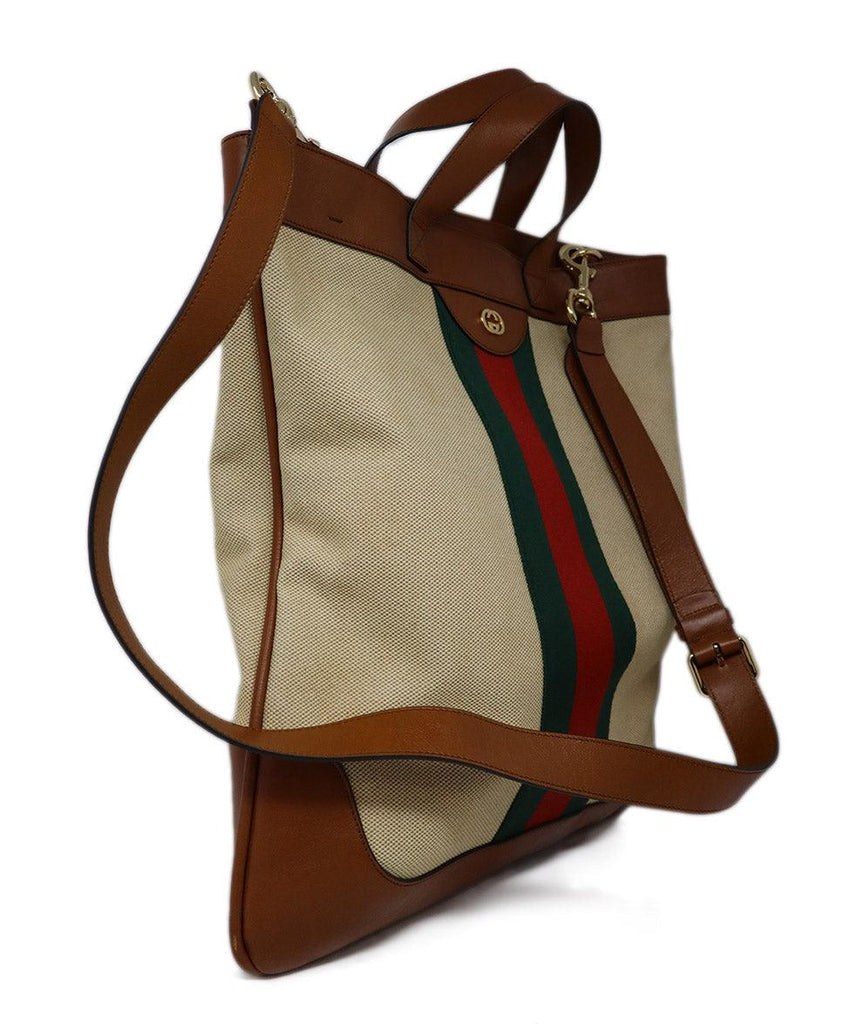 Gucci Neutral Striped Canvas & Leather Tote - Michael's Consignment NYC