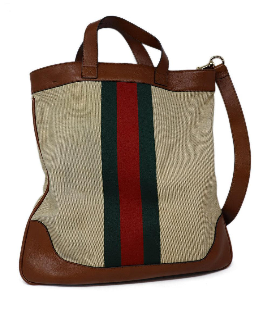 Gucci Neutral Striped Canvas & Leather Tote - Michael's Consignment NYC