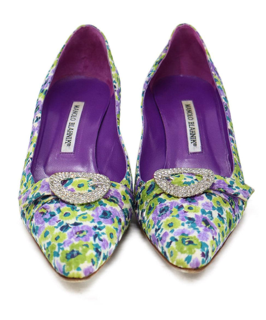 Manolo Blahnik Purple & Green Floral Print Heels sz 7.5 - Michael's Consignment NYC