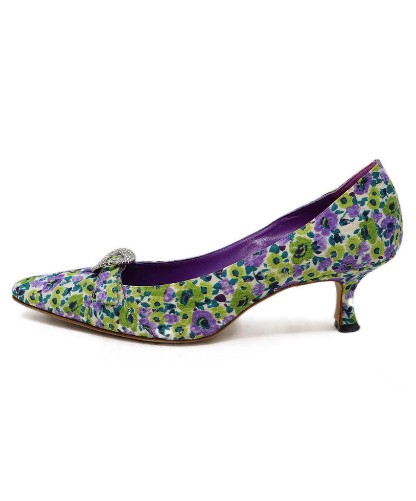 Manolo Blahnik Purple & Green Floral Print Heels sz 7.5 - Michael's Consignment NYC