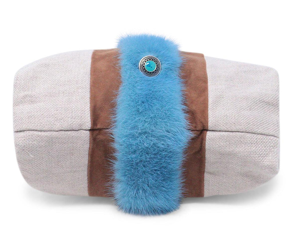 Simonetta Ravizza Beige Canvas & Blue Fur Tote - Michael's Consignment NYC