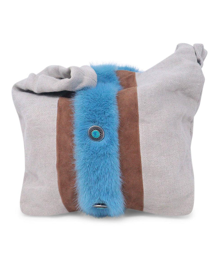 Simonetta Ravizza Beige Canvas & Blue Fur Tote - Michael's Consignment NYC