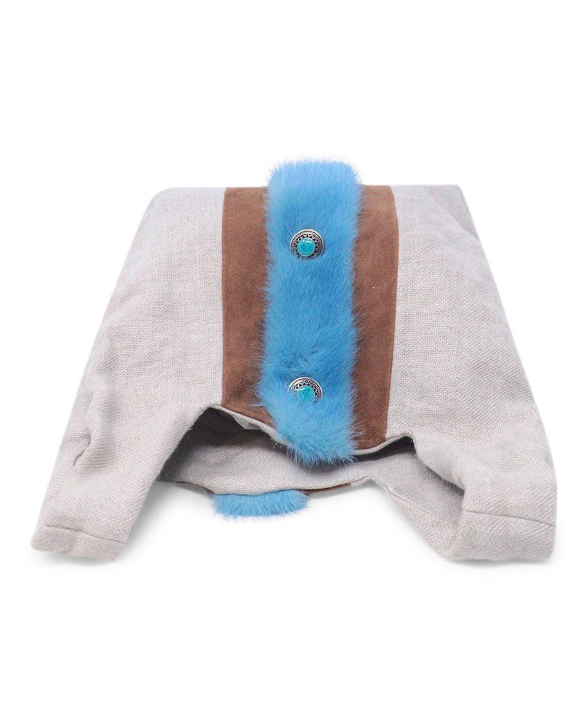 Simonetta Ravizza Beige Canvas & Blue Fur Tote - Michael's Consignment NYC