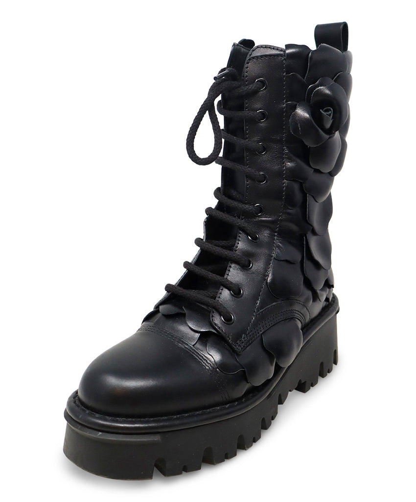 Valentino Black Leather Floral Boots sz 7 - Michael's Consignment NYC
